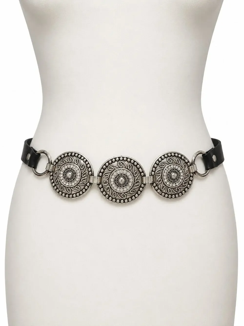 Chicos Silver Medallion Rhinestone Statement Belt Black Leather Boho Size S M